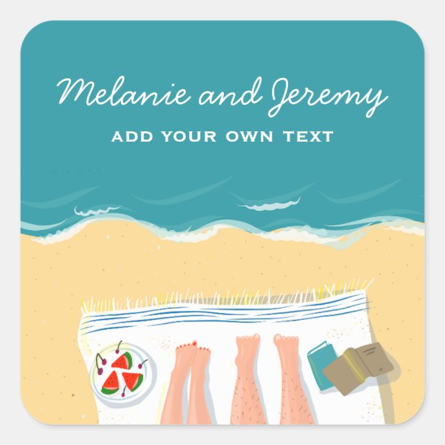 Couple Sunbathing on Beach Personalised  Square Sticker (Front)