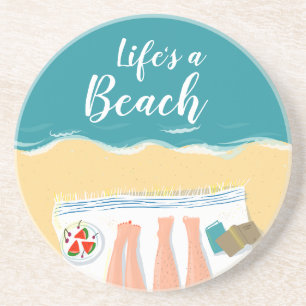Couple Sunbathing on Beach Slogan Coaster