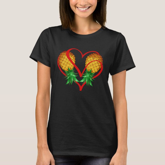 Couple Swinger Upside Down Pineapple with Red Hear T-Shirt (Front)