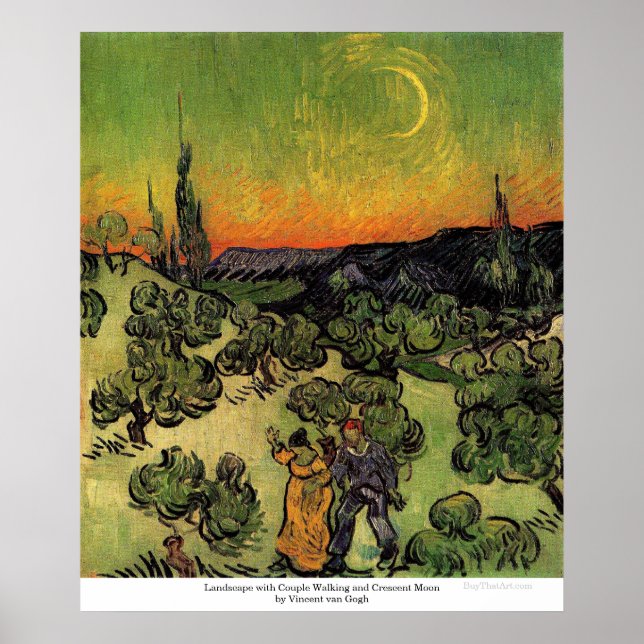 Couple Walking and Crescent Moon by van Gogh Poster (Front)