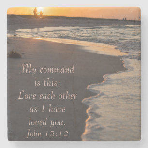 Couple Walking Beach At Sunrise John 15 12 Stone Coaster