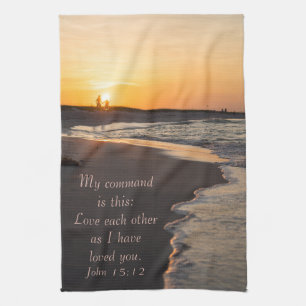 Couple Walking Beach At Sunrise John 15 12 Tea Towel