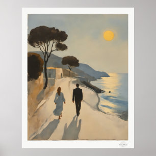 Couple Walking by the Sea at Sunset Poster