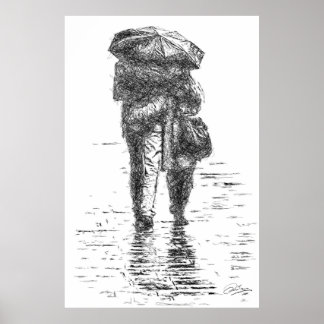 Couple walking in the rain poster