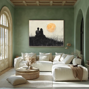 Couple Watching Sunset in Black and White Art Poster