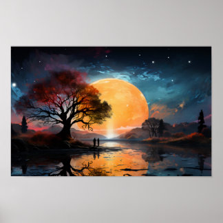 Couple watching the Sun by the lake Poster