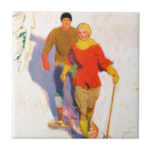 Couple Wearing Snowshoes by McClelland Barclay Ceramic Tile