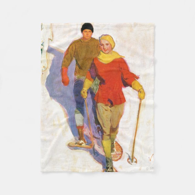 Couple Wearing Snowshoes by McClelland Barclay Fleece Blanket (Front)
