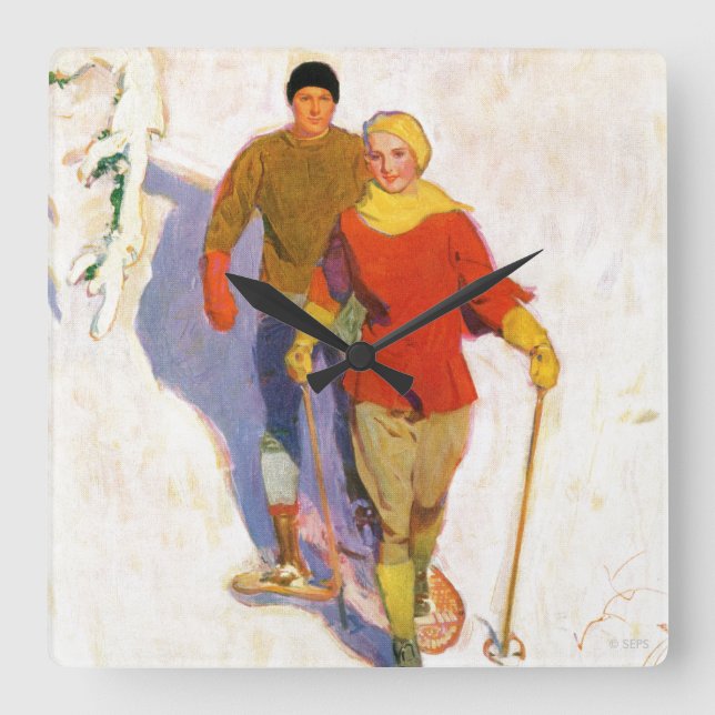 Couple Wearing Snowshoes by McClelland Barclay Square Wall Clock (Front)