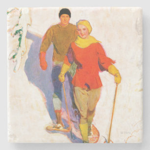 Couple Wearing Snowshoes by McClelland Barclay Stone Coaster