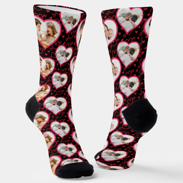 Couple Wedding Anniversary 3 Photo Heart Pattern Socks (Angled)