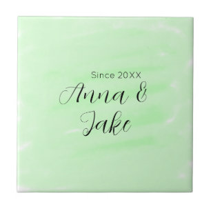 Couple wedding name date green watercolor pastel l ceramic tile