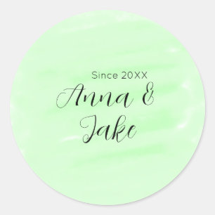 Couple wedding name date green watercolor pastel l classic round sticker