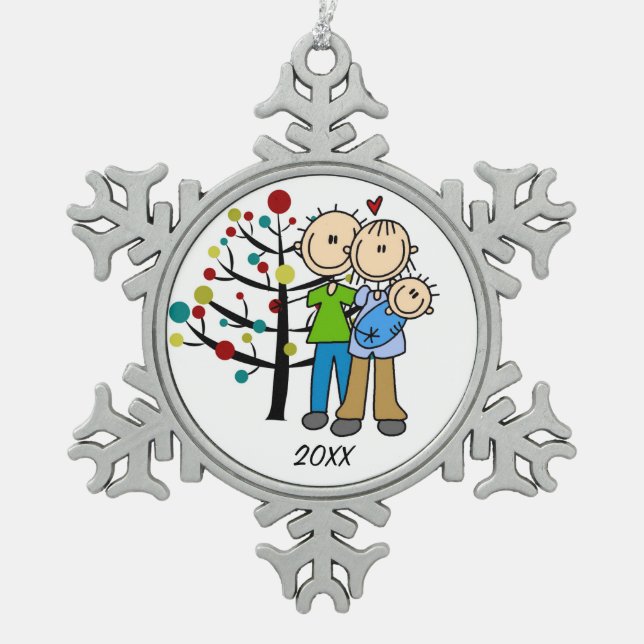 Couple With Baby Boy Dated Snowflake Ornament (Front)