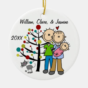 Couple With Baby Girl and Cat Custom Ornament