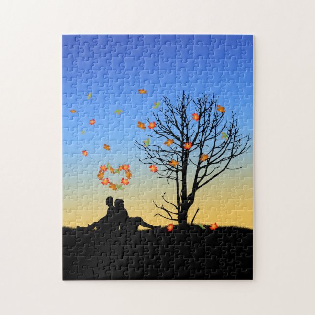 Couple with Heart-Shaped Autumn Leaves Jigsaw Puzzle (Vertical)