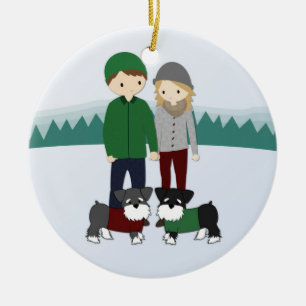Couple with two schnauzers Christmas Ornament