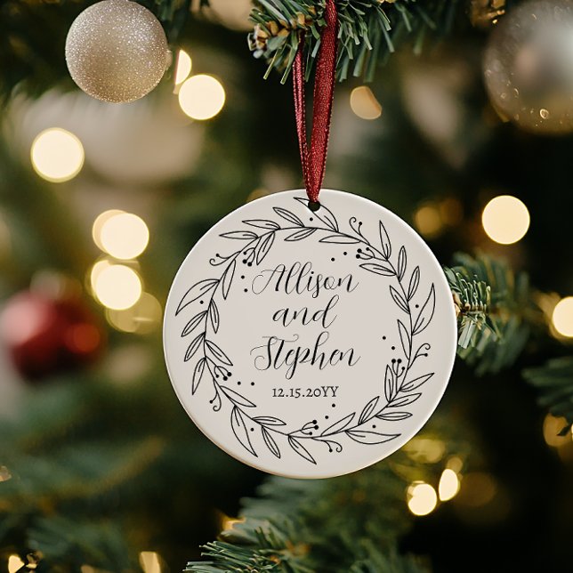 Couple Wreath Names | Wedding Date Photo Keepsake Ceramic Ornament (Couple Wreath with Names Wedding Date Photo Keepsake Ornament)