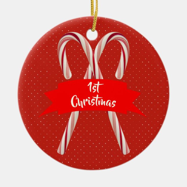 Couples 1st Christmas Candy Canes Names Ceramic Ornament (Front)