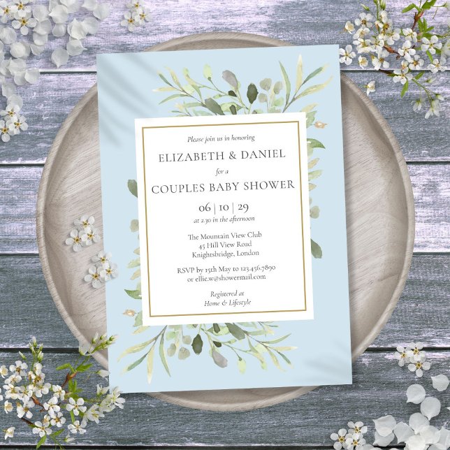 Couples Baby Shower Blue Eucalyptus Greenery Invitation (Couples Baby Shower Blue Eucalyptus Greenery Invitation)