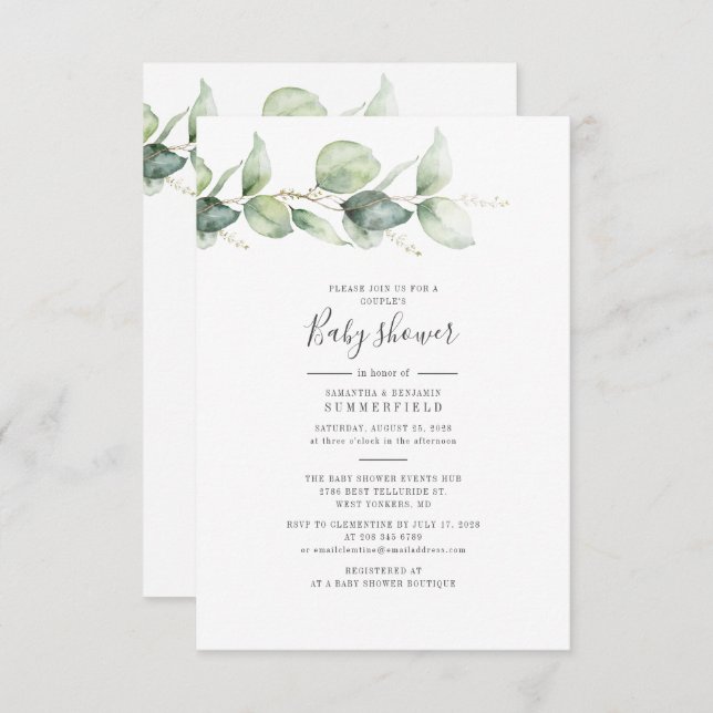 Couples Baby Shower Eucalyptus Greenery Leaves Invitation (Front/Back)