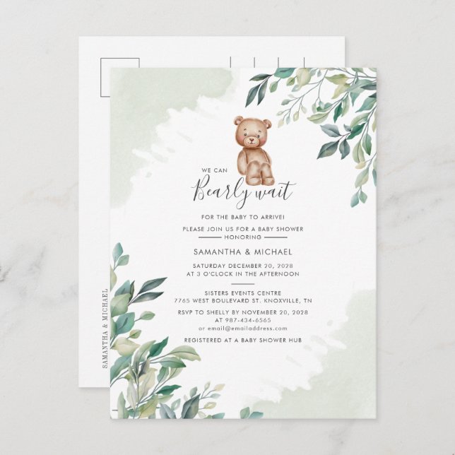 Couples Baby Shower Eucalyptus Greenery Script Invitation Postcard (Front/Back)