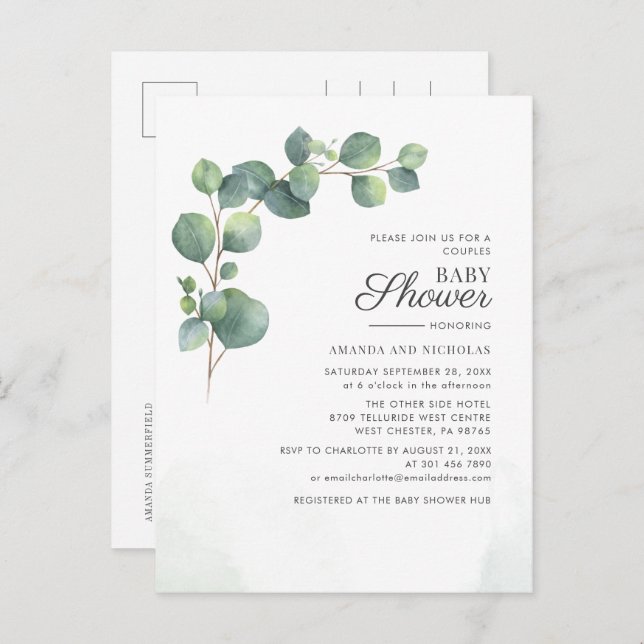 Couples Baby Shower Greenery Eucalyptus Botanical Invitation Postcard (Front/Back)