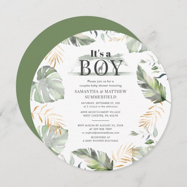 Couples Baby Shower Jungle Animal Botanical Modern Invitation (Front/Back)