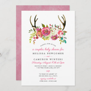 Couples Baby Shower, pink floral antlers invites