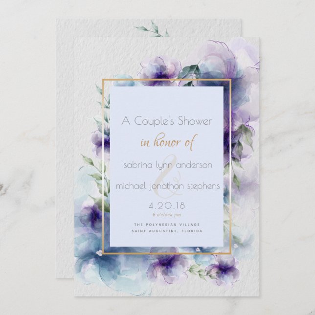 Couples Blue-Violet Translucent Watercolor Flower Invitation (Front/Back)