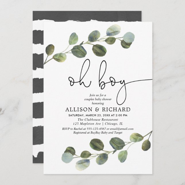 Couples boy baby shower eucalyptus greenery modern invitation (Front/Back)