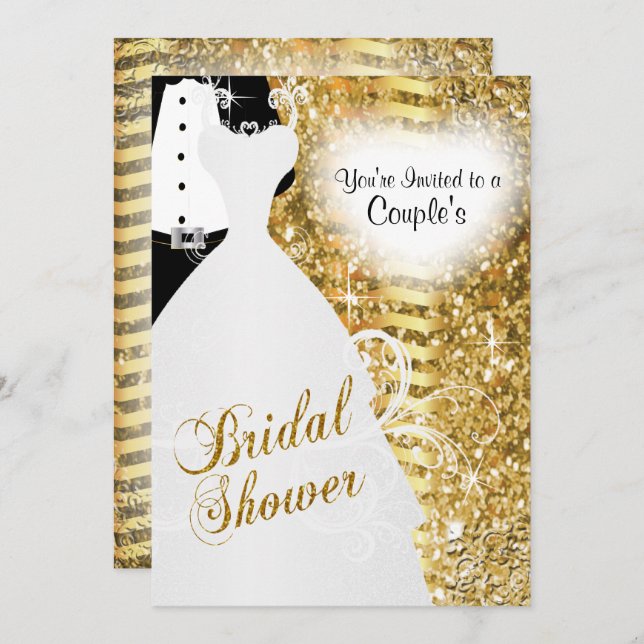 Couple's Bridal Shower in an Elegant Gold Glitter Invitation (Front/Back)