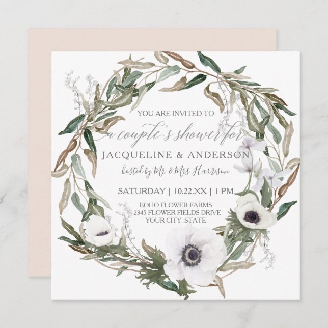 Couples Bridal Shower Rustic White Floral w Olive Invitation (Front/Back)