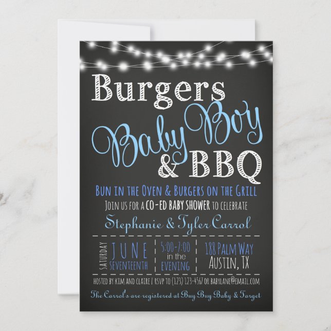 Couples Coed Burger Baby Boy BBQ Shower Invitation (Front)