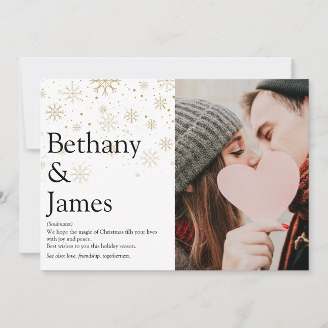 Couples Definition Gold Snowflakes Christmas Photo Holiday Card (Front)