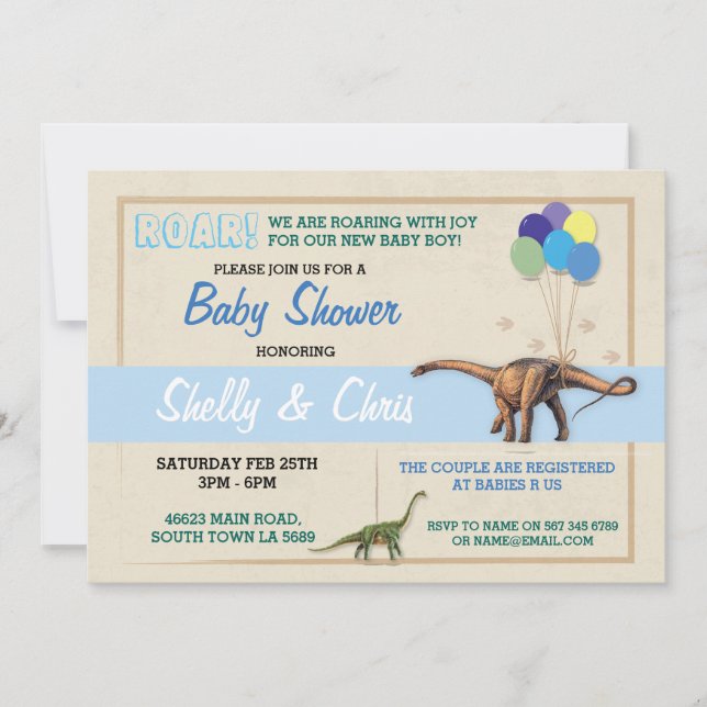 Couples Dinosaur Baby Shower Its a Boy Blue Invite (Front)