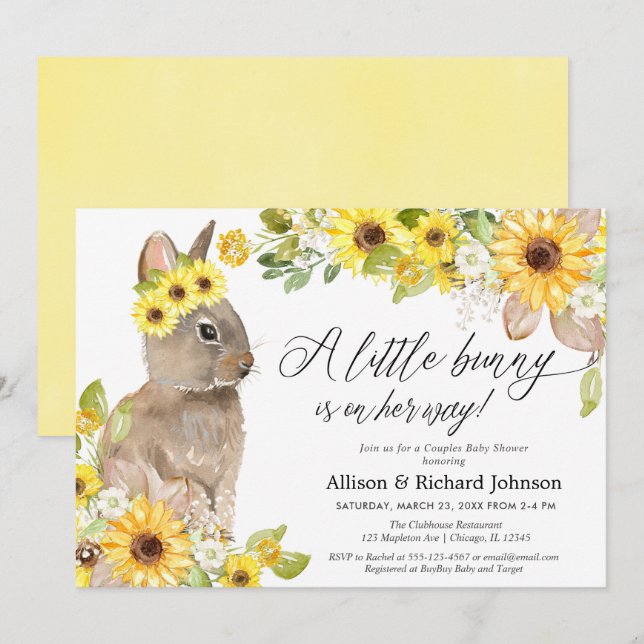 Couples easter bunny yellow sunflowers baby shower invitation (Front/Back)
