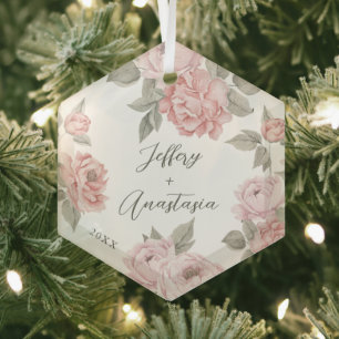 Couple's First Christmas Elegant Script Pink Peony Glass Tree Decoration
