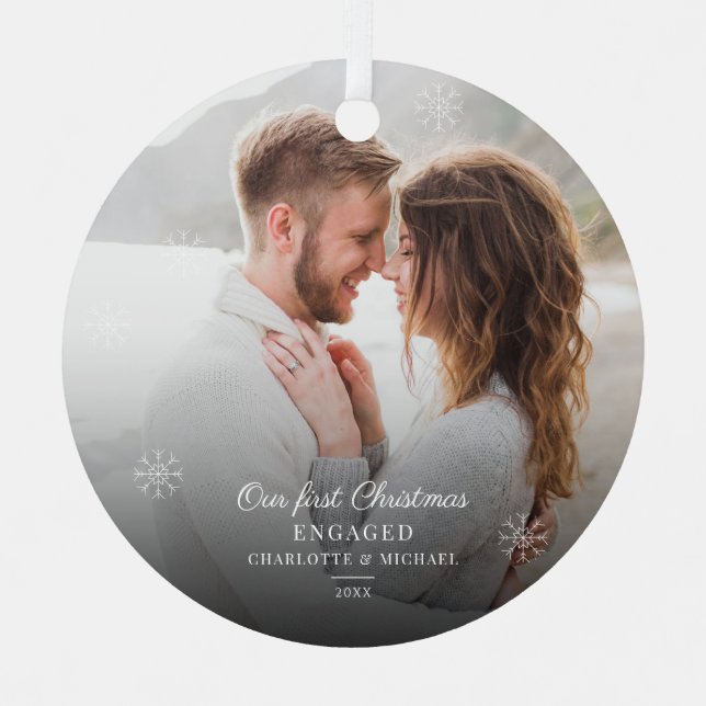 Couple's First Christmas Engaged Modern Snowflakes Metal Tree Decoration (Front)
