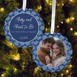 Couples First Christmas Engaged Photo Poinsettia Tree Decoration Card<br><div class="desc">Commemorate your first Christmas as an engaged couple with this beautiful photo ornament with a classic blue and white hand drawn poinsettia pattern featuring a photo on one side and your text on the back.</div>