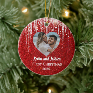 Couples First Christmas Heart Photo Name Ceramic Ornament