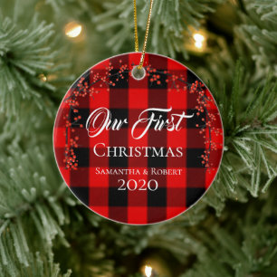 Couples First Christmas Name Date Red Plaid Ceramic Ornament