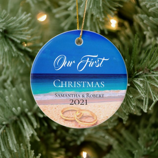 Couples First Christmas Name Date Tropical Beach Ceramic Ornament (Tree)