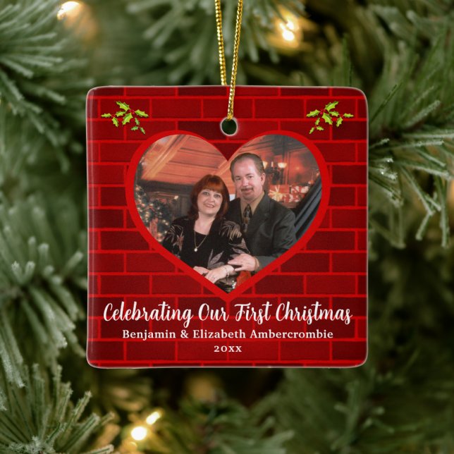 Couple's First Christmas Rustic Red Brick Ceramic Ornament (Tree)