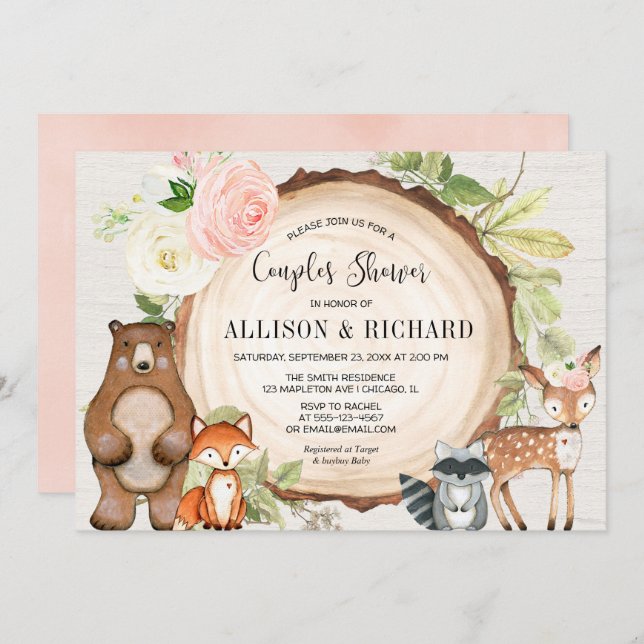 Couples girl baby shower woodland floral rustic invitation (Front/Back)