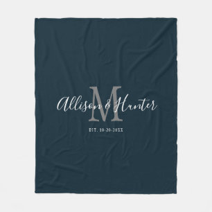 Couples Handwritten Script Navy Blue Monogram Fleece Blanket