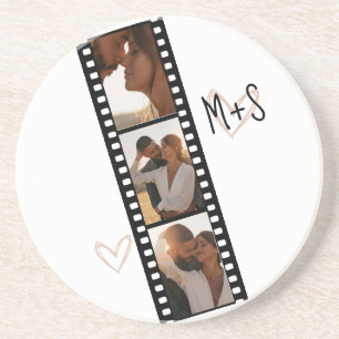 Couples Initials 3 Photo Filmstrip with Hearts Coaster