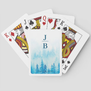 Couples Initials Evergreens in Fog Forest Blue Playing Cards