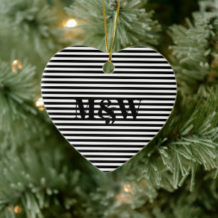 Couple's initials monogram black white stripes ceramic ornament