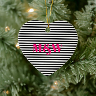 Couple's initials monogram black white stripes ceramic ornament
